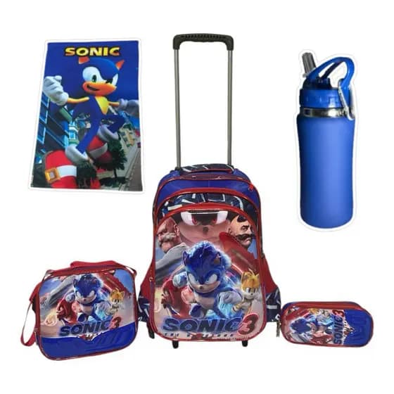 Mochila Sonic 3D com Rodinhas + Acessórios Completo: Estojo, Lancheira e Toalha + Garrafa Térmica
