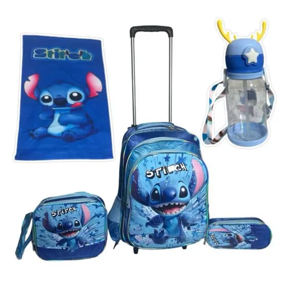 Kit Mochila STITCH em 3D com Rodinhas + Lancheira Térmica + Estojo + Toalha Infantil Escolar+ Garrafa de Água