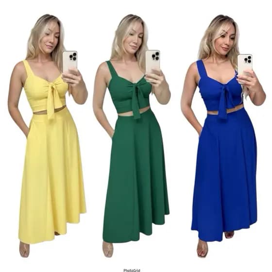 CONJUNTO CROPPED E SAIA COM AMARRAÇÃO NA FRENTE