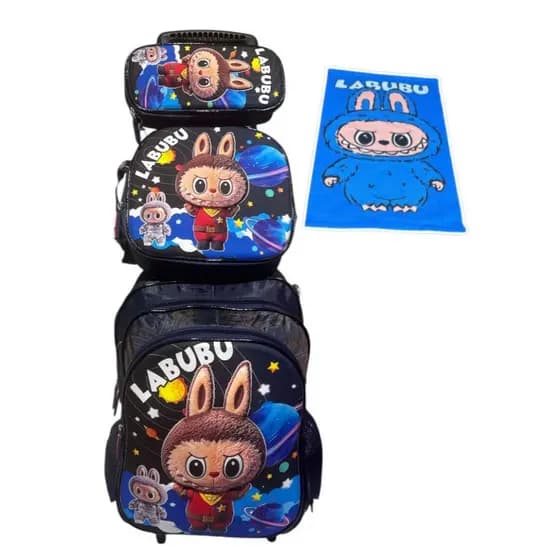Kit Mochila Escolar com Rodinha Labubu 3D + Lancheira Térmica + Estojo + Toalha