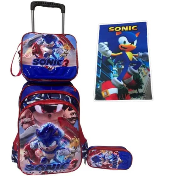 Kit De Mochila Sonic3 com Rodinhas 3D + Lancheira Térmica + Estojo + Toalha Infantil Escolar