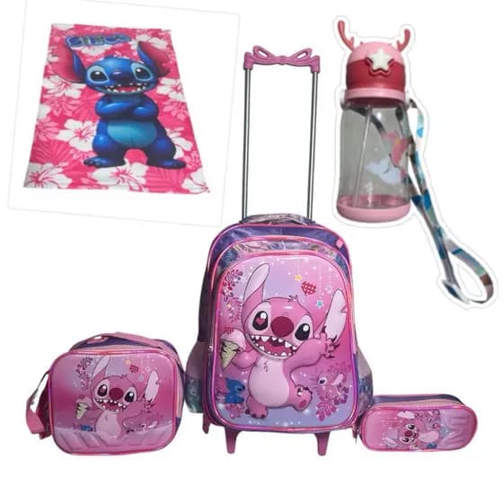 Kit Mochila STITCH em 3D com Rodinhas + Lancheira Térmica + Estojo + Toalha Infantil GARRAFA DE Água