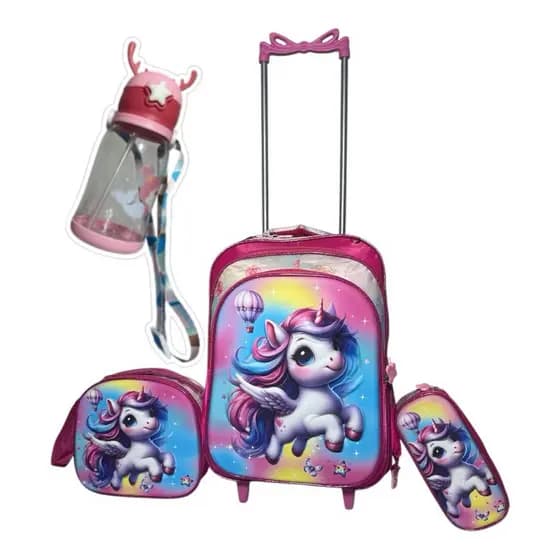 kit de Mochila Com Rodinhas 3D+Lancheira térmica + Estojo + Garrafa de Água