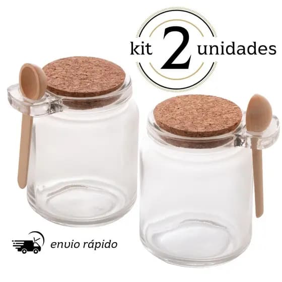 Kit 2 Pote de Vidro com Colher em Bambu e Tampa Rolha 240ml Lyor - Saleiro e Porta Condimento