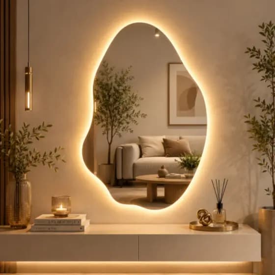 Espelho Orgânico LED 55x75cm Rubi Retrô Lapidado Decorativo de Parede Pinterest Hall Entrada
