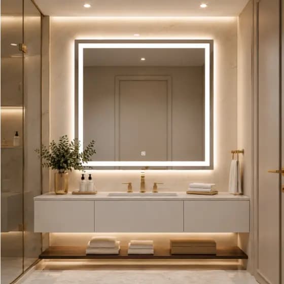 Espelho LED Quadrado 50x50cm Touch Luxo Premium 3 Tons de Luz Decorativo Banheiro Penteadeira