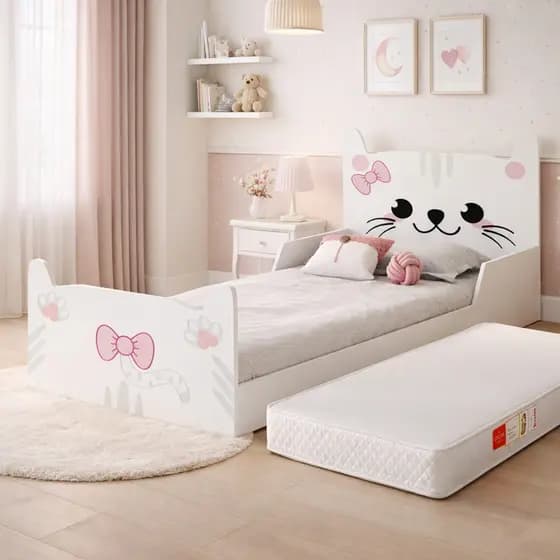 Cama Infantil Gatinho Branco Rosa em MDF Juvenil para Quarto de Menina montessoriana com colchão