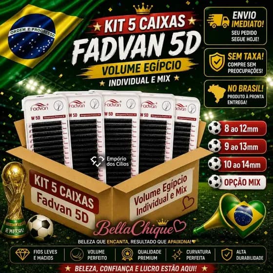 Kit 5 Cílios W 5D FADVAN Volume Egípcio Volume Brasileiro Egípcio Alongamento Extensão Cilios Me