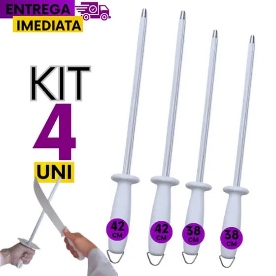 Jogo Kit 04 - 2 Chaira Amolador Afiador Facas 12" Polegadas + 2 Chaira 10" Açougueiro Aço Inox Profissional Premium