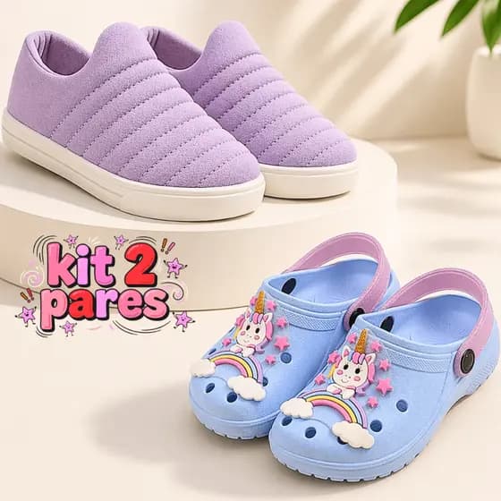 Kit Tênis Calce Fácil Menina e Babuche Infantil Feminino