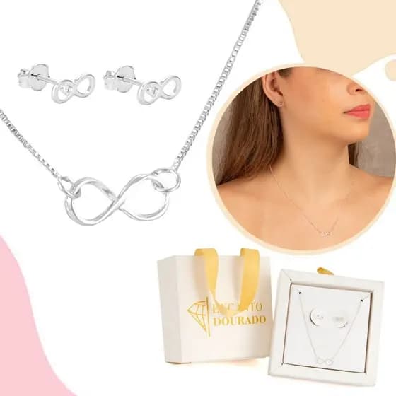Kit Conjunto Corrente Colar E Brinco Prateado Infinito Feminino