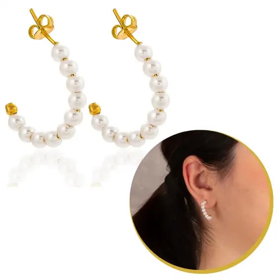 Brinco Argola De Pérola Pequeno Moda Feminina Estilo Dourada