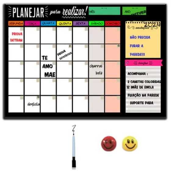 Quadro Lousa Planejador Mensal 40x60 Cm +2 ímãs e 1 caneta com borracha
