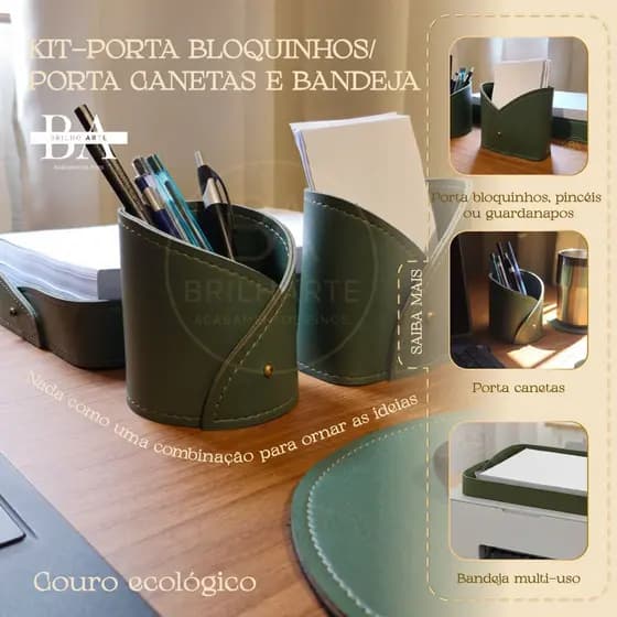 Kit Organização Premium Bandeja de Papel + Porta Recados + Porta Canetas Couro Ecológico – Brilharte