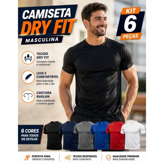 Kit 6 Camisetas Dryfit Masculina Básica Academia Tradicional Treino Casual Fitness Corrida