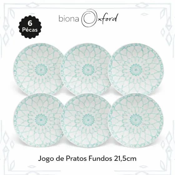 Jogo 6 Pratos Fundo 21,5cm Oxford Biona | Estampa Donna Mandala (Azul)