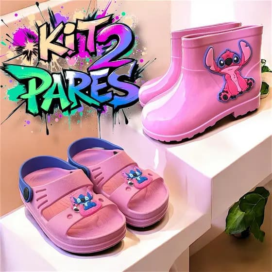 Kit 2 Pares Galocha e Sandália Papete Infantil Menina Confortável e Anti-Derrapante