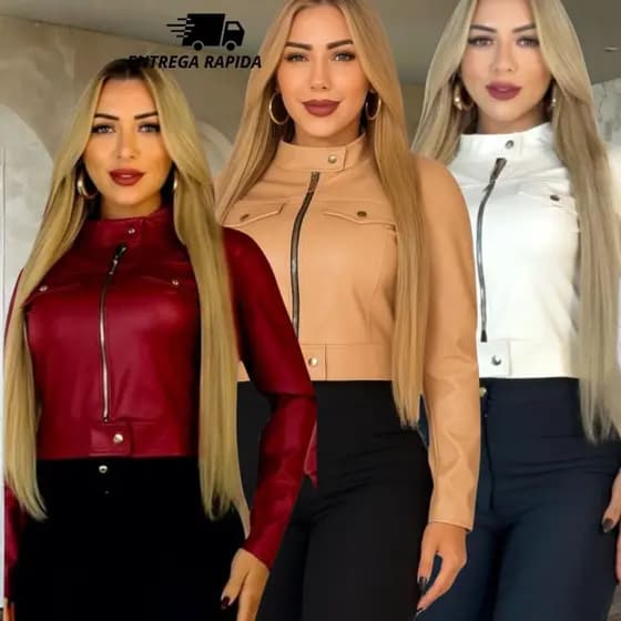 Jaqueta De Couro Feminina Com Ziper Inverno