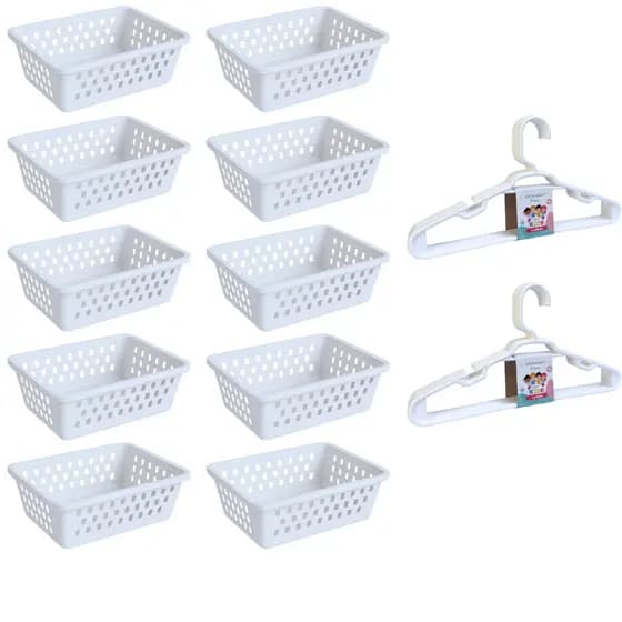 Kit 10 Cesto Organizador e 10 Cabide Infantil Branco Rosa Transparente Azul