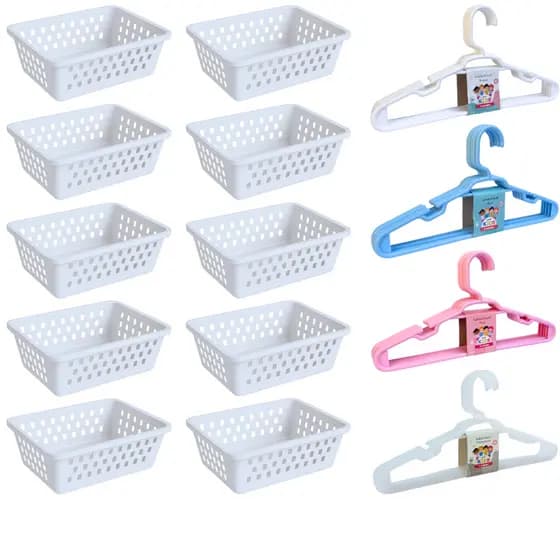 Kit 10 Cesto Organizador e 20 Cabide Infantil Branco Rosa Transparente Azul