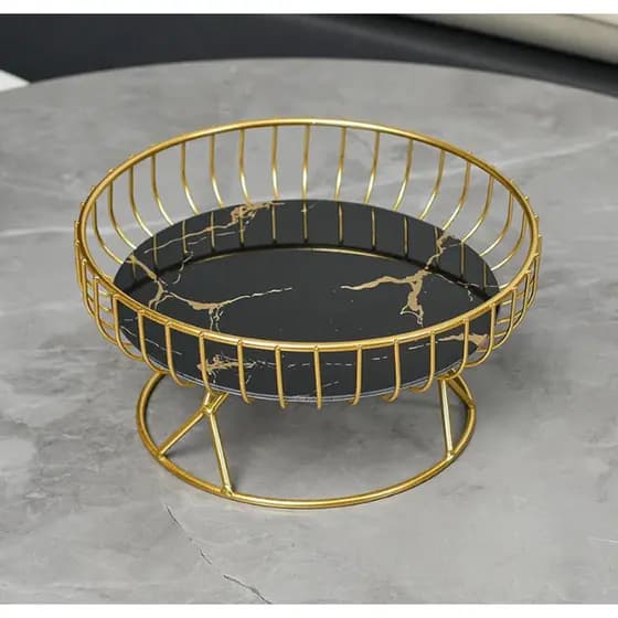 Bandeja Fruteira Decorativa de Metal e Vidro Dourado com Base Elevada e Fundo Marmorizado