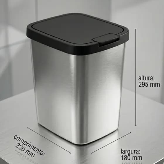 Lixeira Inox 9L Com Tampa Arqplast Click Tampa Cozinha Banheiro Cinza Moderna