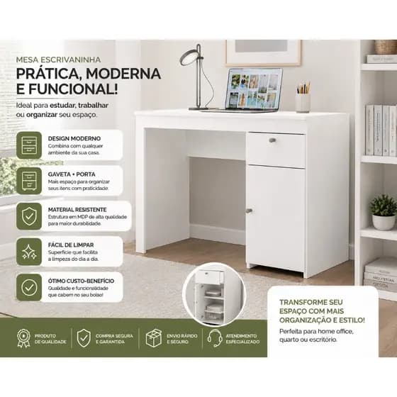 Escrivaninha Branca para Quarto Escritório Mesa Compacta com Gaveta