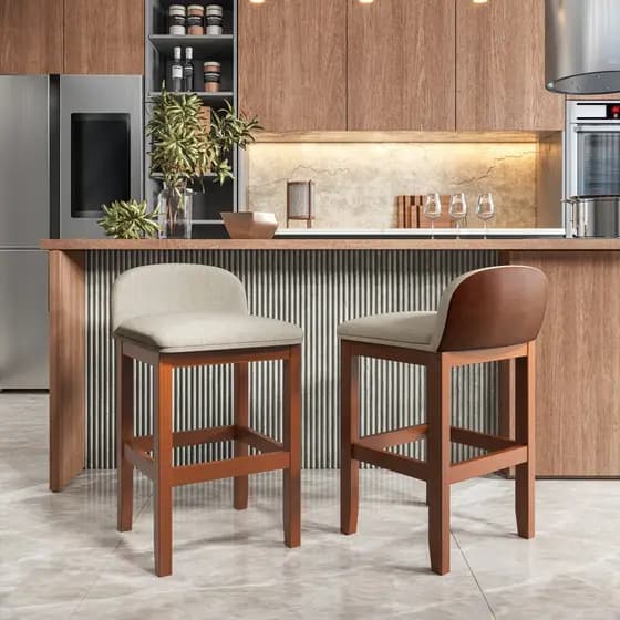 Banquetas Altas Kit 2 Madeira Estofadas Cozinha Bancada Ilha Premium