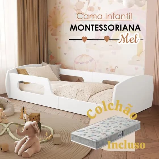 Cama Infantil Montessoriana Com Colchão 148x68 Branca MDF Solteiro Baixa Segurança Criança