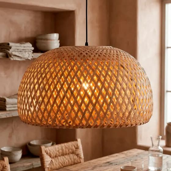 Lustre Pendente Fibra Bambu Artesanal 45cm Meia Cúpula Rústico Natural Decoração Sala Mesa Jantar