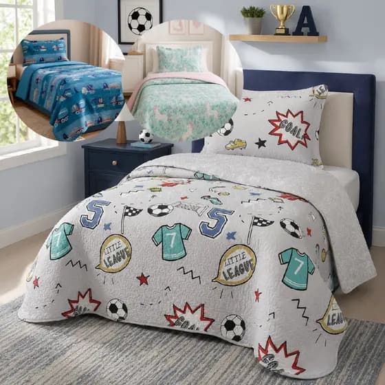 Cobre Leito Solteiro 2 peças Dupla Face - Colcha Quarto Para Menina ou Menino Matelado Ultrassónico