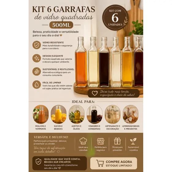 Kit06 Garrafas de Vidro Quadradas 500ml Sem Tampa - Ideal Azeite,Oleo,Vinagre, Sucos e Artesanato
