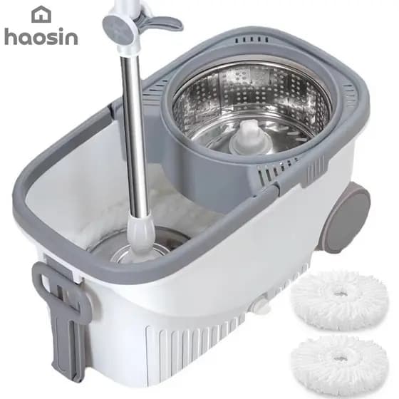 Aço Inoxidável Esfregão Mop Balde Giratório 360° com Rodas Centrífugo 2 Refis Cabo Rodo de Limpeza