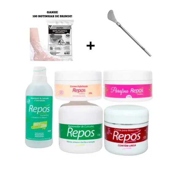 Repos Amaciante de Cutículas 150ml Creme Removedor Ureia 120gr + Esfoliante Parafina + Espátula