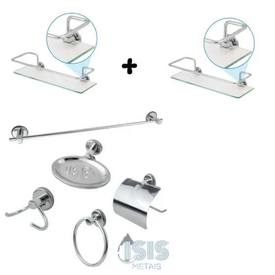 Kit Banheiro 7 Peças Cromado – 2 Porta Shampoo Reto + Kit Standard 5 Peças Aço Inox