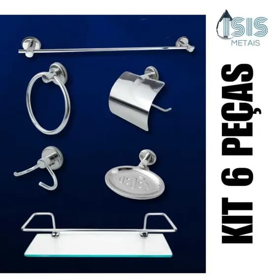 KIT 6 PEÇAS ACESSÓRIOS PARA BANHEIRO AÇO INÓX COM PORTA SHAMPOO RETO COM HASTE