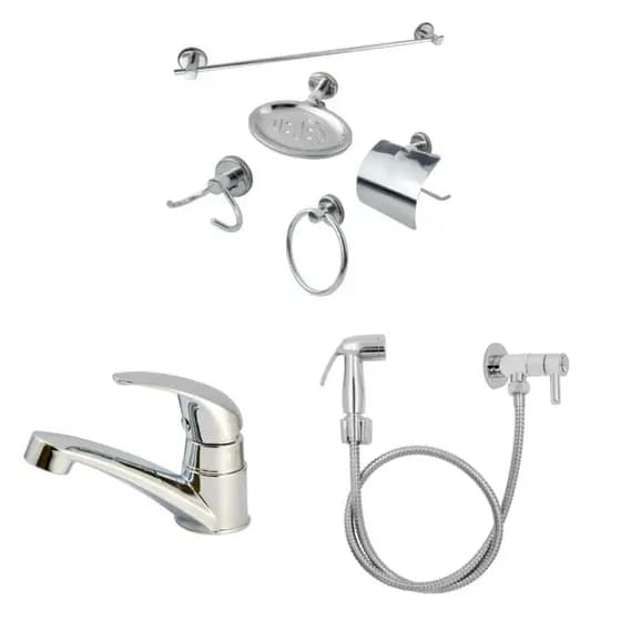 Kit Acessórios Banheiro 7 Peças Lavabo Moderno/Kit Stander - Torneira Mono-Up - Ducha Higienica