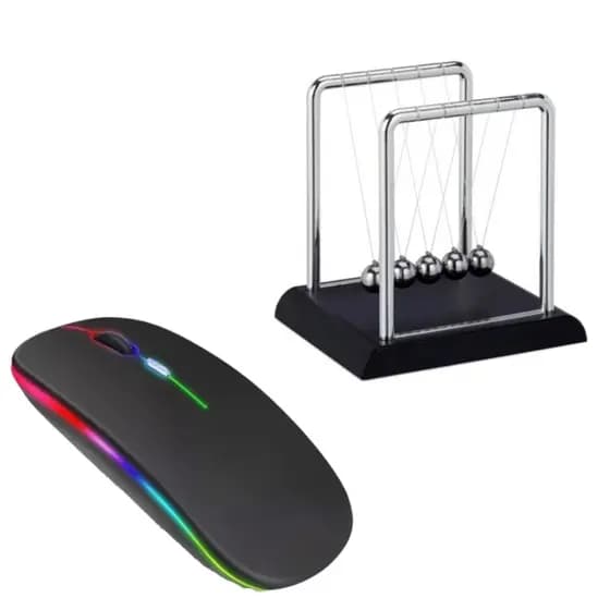 Kit Escritório com Mouse Sem Fio Recarregável Rgb Ergonômico Pêndulo de Newton Enfeite Escritório