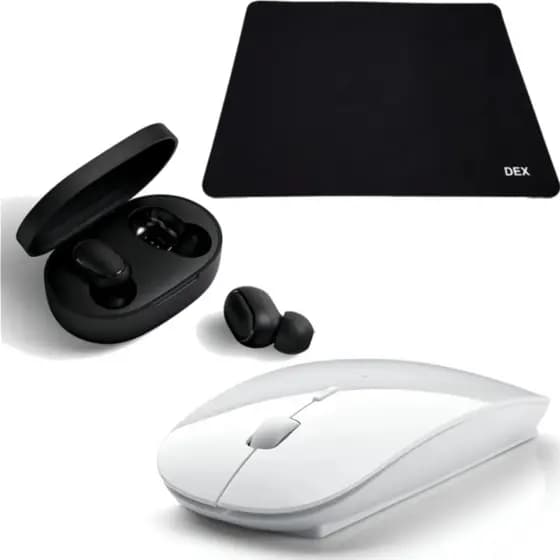 Mouse Sem Fio a Pilha Led Wireless Cor Branco e Mouse Pad Dex Fone Ouvido Xiaomi Redmi AirDots