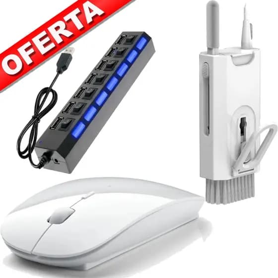 Mouse Sem Fio a Pilha Led Wireless Branco e Hub USB 7 Portas acessório 8 em 1 de Limpeza de Pc