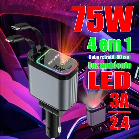 Carregador rápido de carro 2025 B1 75W com projetor Starlight e cabo de carregamento retrátil USB