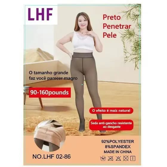Meia-Calça Térmica Forrada Peluciada Translúcida de Lã Feminina Super Elástica Slim 200g Tamanho 90-160KG
