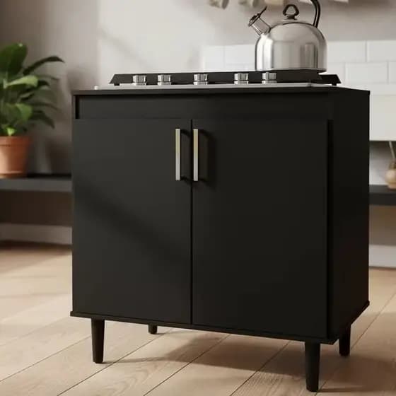 Balcão para Cooktop 80cm Preto com 2 Portas – Armário de Cozinha MDF
