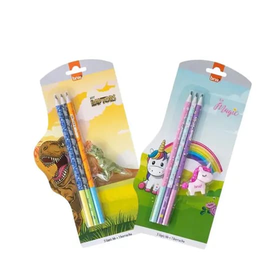 Kit Escolar Magic ou Raptors C/ 3 Lápis HB + 1 Borracha BRW