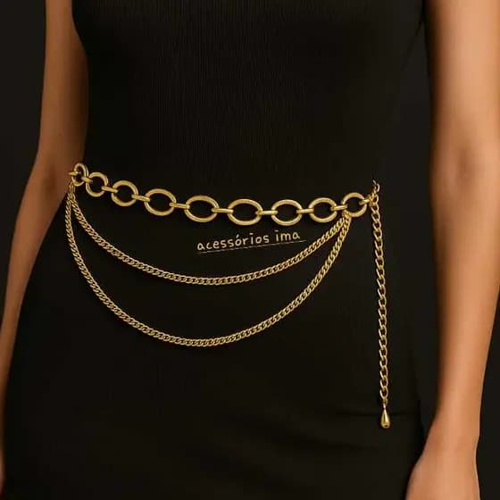 Cinto Corrente Feminino Oval com 2 Corrente Fino da Moda