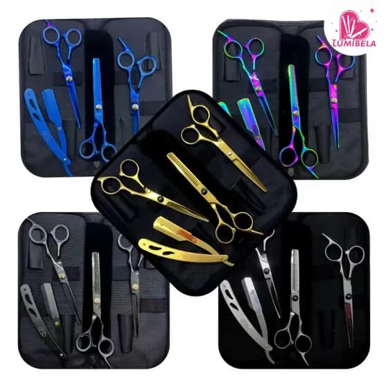 KIT 4 Tesoura Cabelo Fio Desbaste Profissional Aço Inox Barbearia Cor Dourado