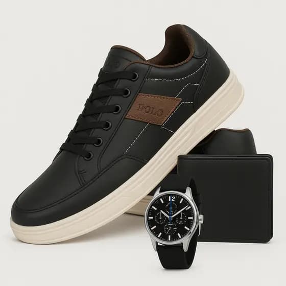 Tenis Couro Eco Masculino Sapatenis Kit Relogio Carteira Air Relogio Polo Sapatenis