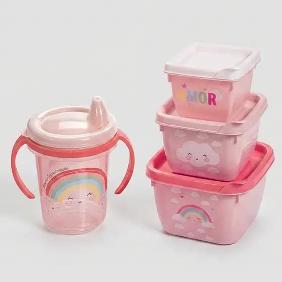 Kit Alimentação Bebê Arco-Íris Plasútil - Caneca Transição 330ml + 3 Potes Conect Papinha BPA Free