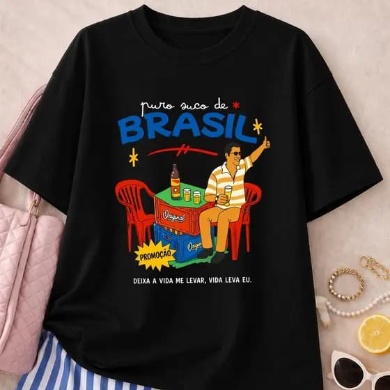 Camiseta Feminina Verão Estampa Puro Suco Do Brasil Camisa Brasileira Ótima Para Praia100% Algodão
