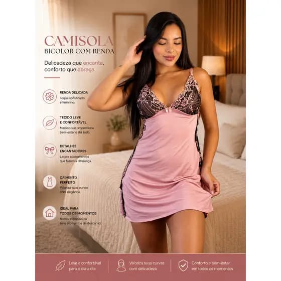 Camisola Feminina Bicolor com Renda Lisa Confortável Sensual M G GG